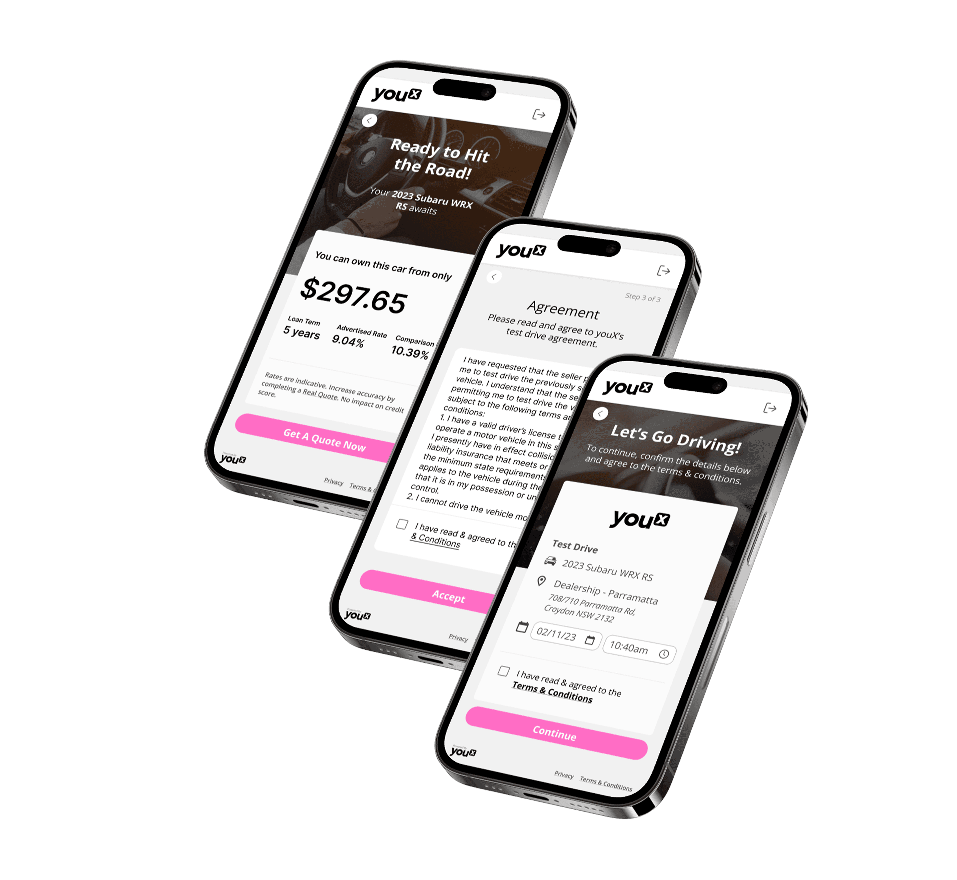 youXapply test drive flow shown across three phones — Ready to Hit the Road quote screen, Agreement step, and Let's Go Driving confirmation